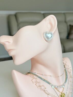 Silver Heart Pearl Stud Earrings